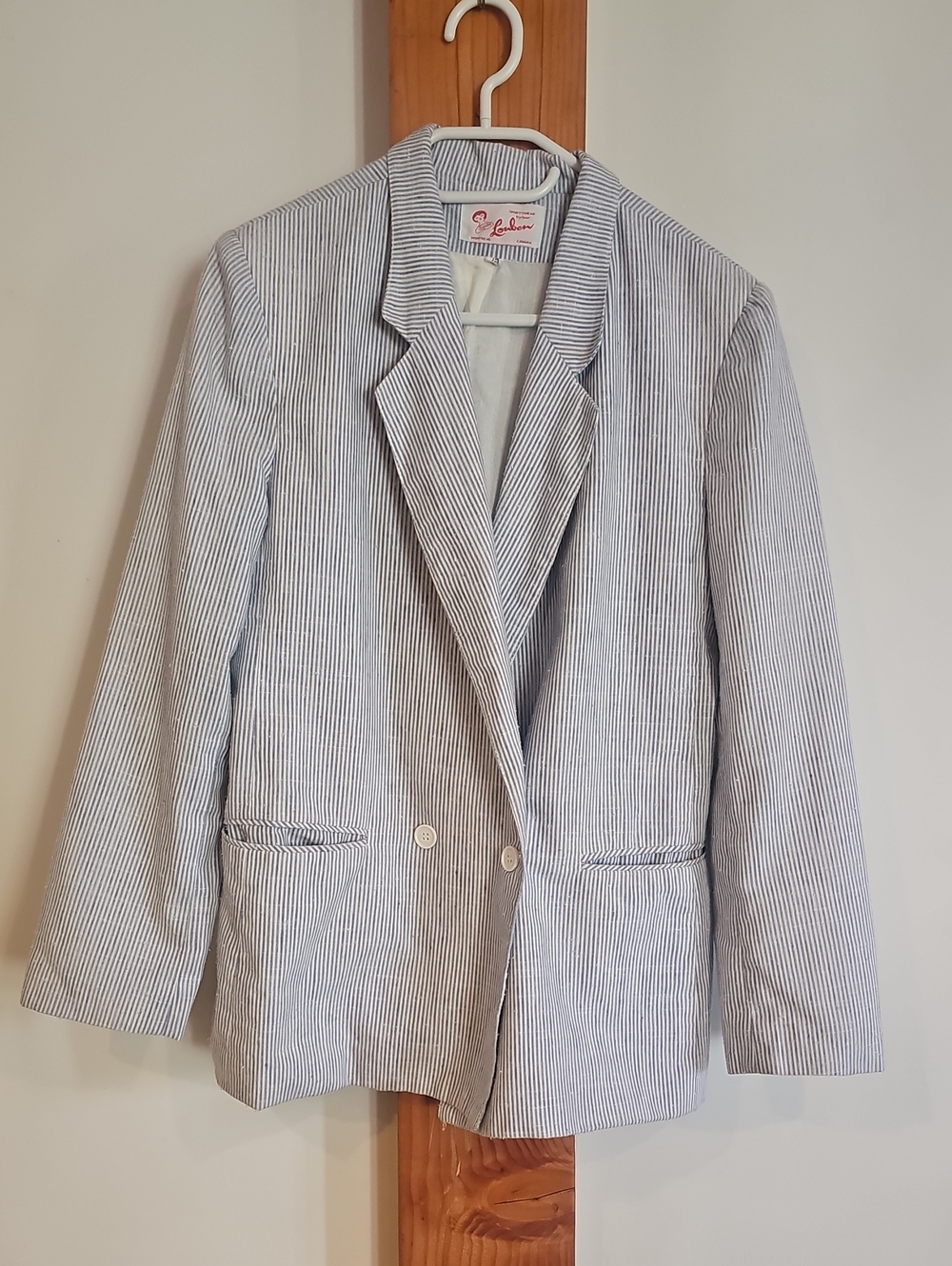 Vintage LOUBEN Seersucker Striped Blazer - Light Blue & White